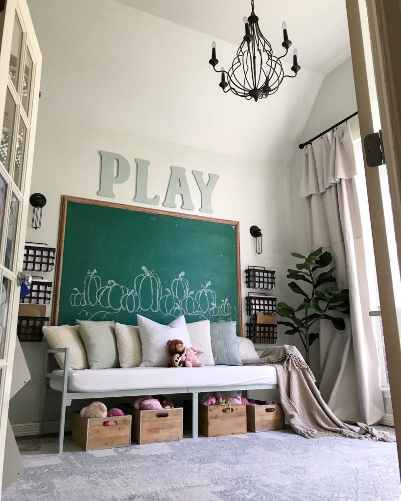 CottonStem.com farmhouse style playroom daybed vintage chalkboard chalk paint
