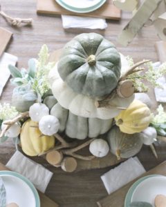 CottonStem.com farmhouse fall centerpiece table setting with pumpkins