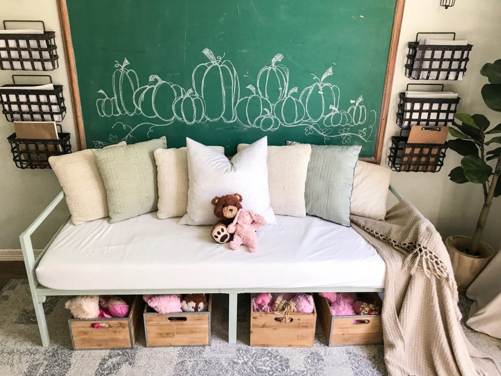 CottonStem.com farmhouse style playroom daybed vintage chalkboard throw pillows