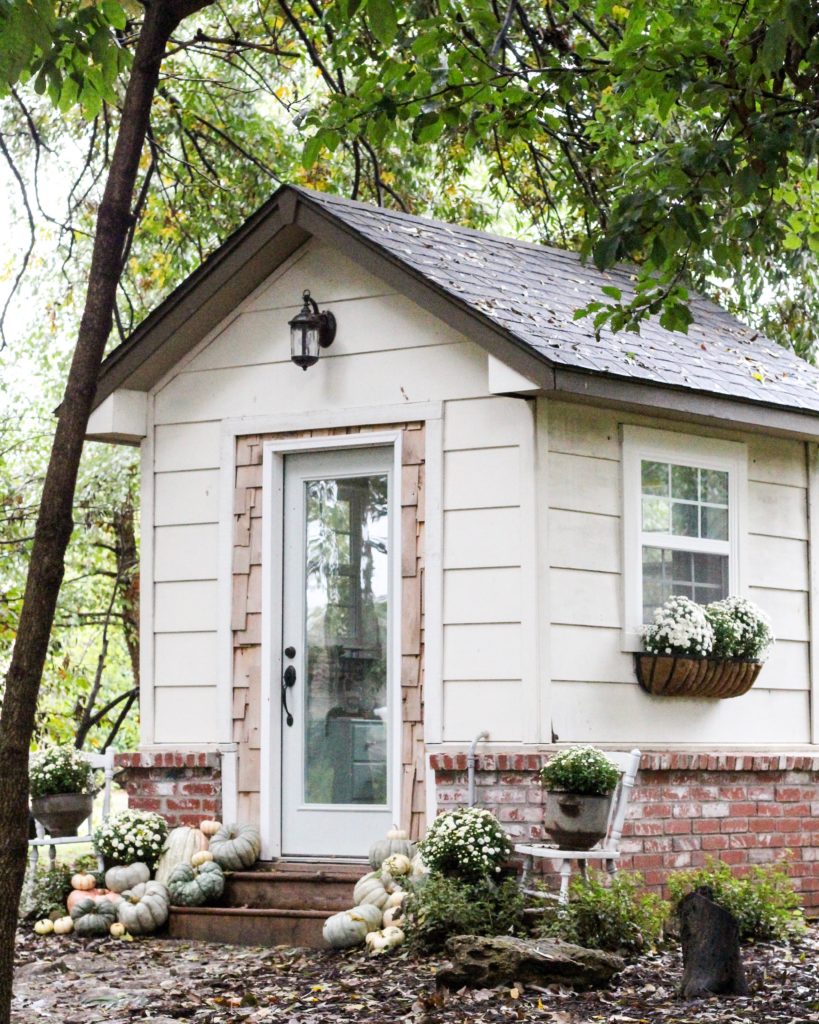 CottonStem.com cottage style she shed tiny home office pumpkins and mums