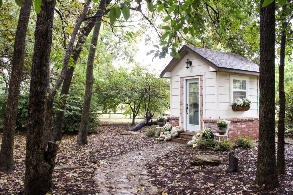 CottonStem.com farmhouse style she shed tiny home office fall leaves