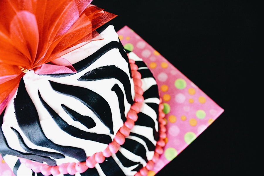 CottonStem.com zebra stripe fondant birthday cake with pink