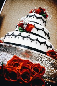 CottonStem.com romantic black and white glam wedding cake with red roses