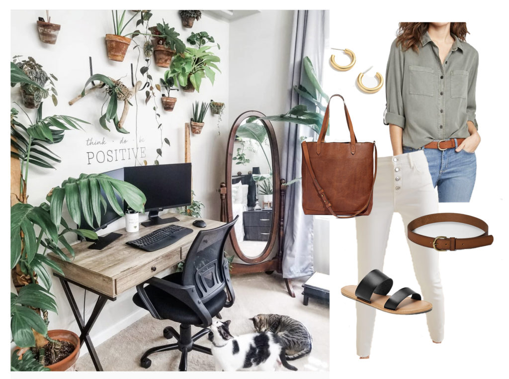 neutral outfit army green button front white denim leather bag beautiful homes turned into outfits for mom
